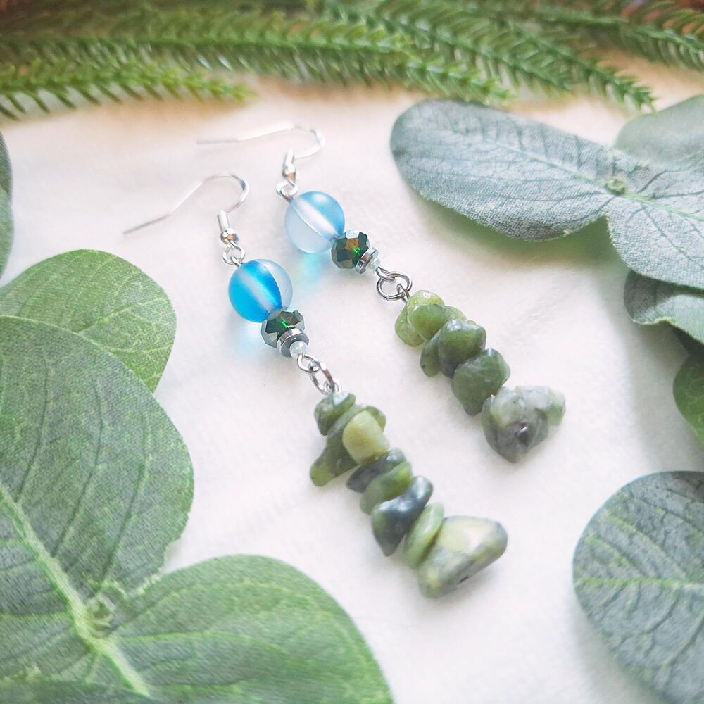 Aqua Blue Glass & Green Serpentine Dangle Earrings - Picture 10 of 13